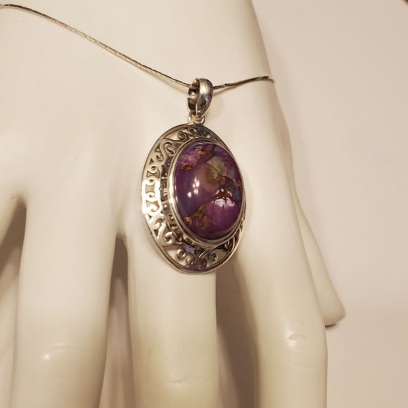 PURPLE  TURQUOISE  STERLING  SILVER  PENDANT. - Picture 8 of 9